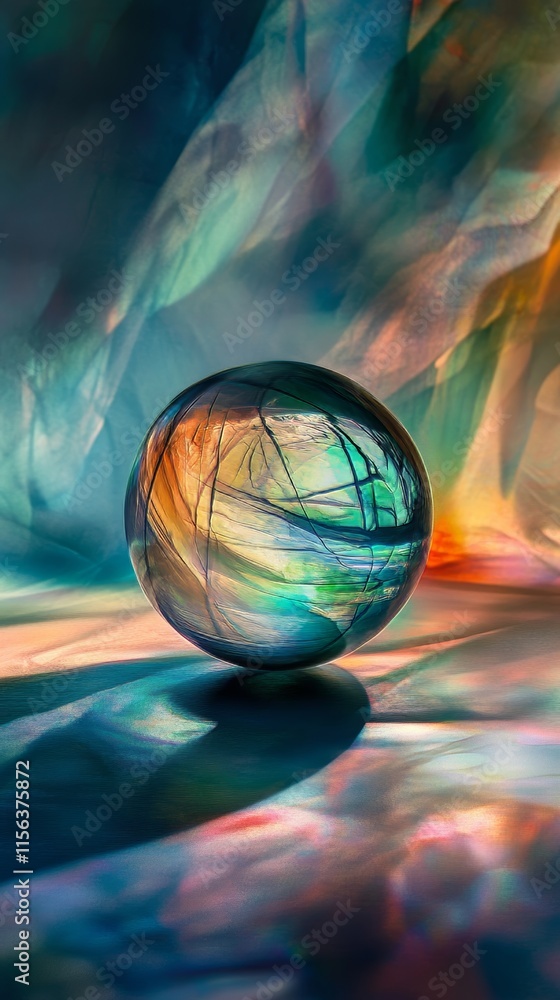 Poster a mesmerizing glass sphere reflecting vivid colors and abstract patterns, creating a dreamlike and a