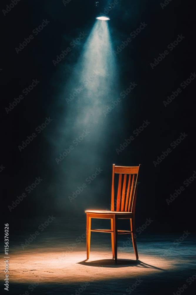 Poster A wooden chair is sitting in a dark room. The chair is empty and has no one sitting on it