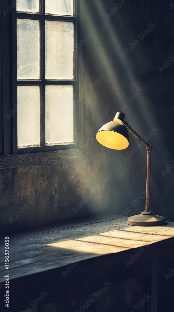 Aufkleber a lamp is sitting on a table in front of a window. the light from the lamp is shining through the wi