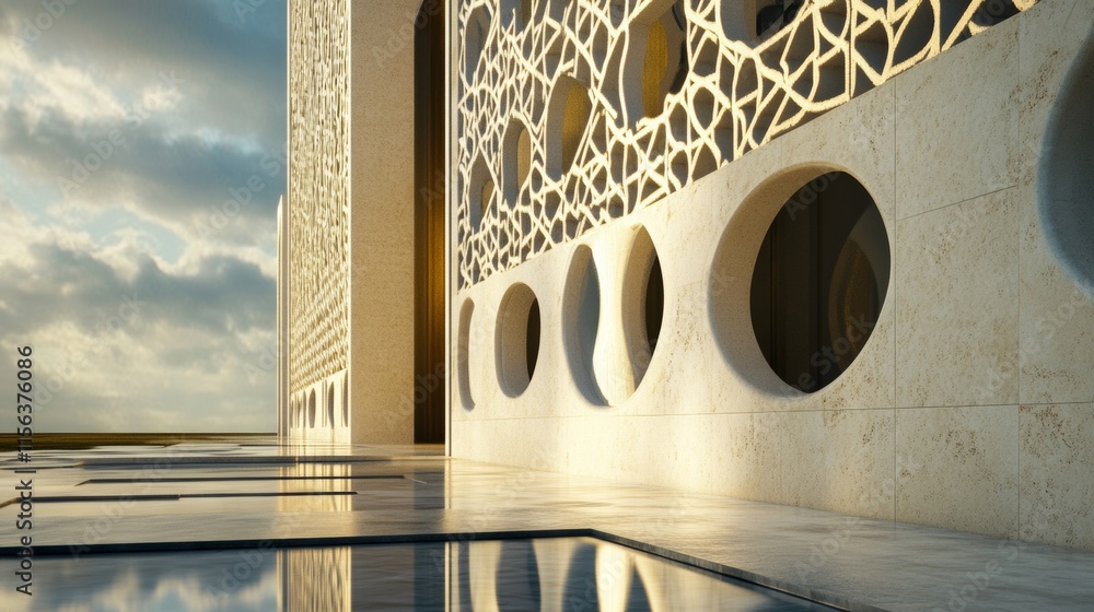 Poster a mosque with a large window on the side. the window is circular in shape. the mosque is white in co