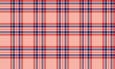 Plaid fabric pattern, pink, blue, red, seamless for textiles, and for designing clothes, skirts, tablecloths, or decorative fabrics. Vector illustration.