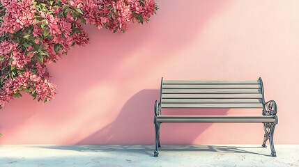 Pink Wall Wooden Bench Blooming Flowers Spring Scene
