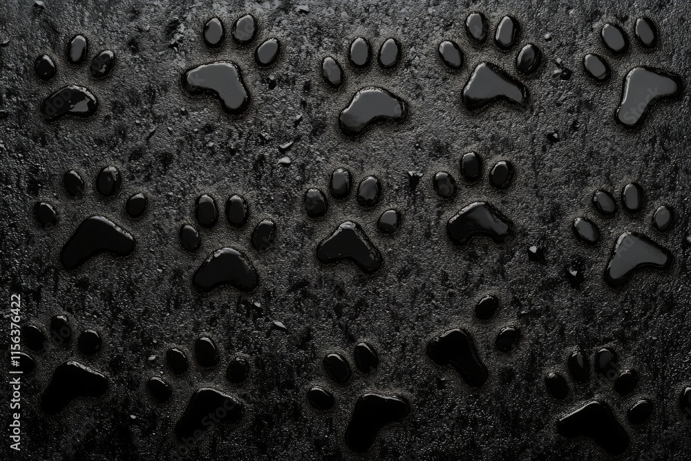 Poster a black and white photo of paw prints on a wet surface. the paw prints are in a row and are of diffe