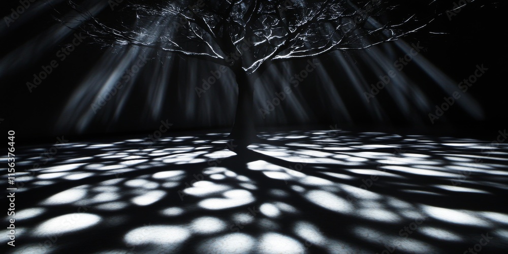 Poster a tree casts a shadow on the ground. the shadow is large and dark. the tree is in the center of the 