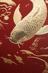 A high-quality photo of a card with gold foil printing of a koi fish, symbolizing prosperity, on a textured red surface