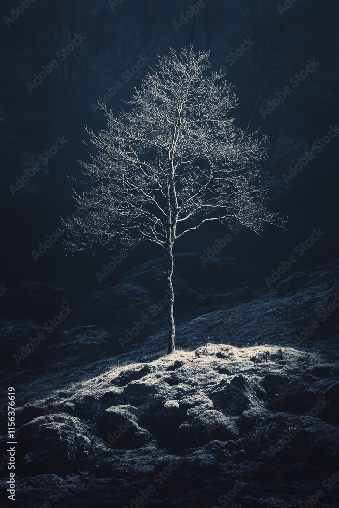 Poster a tree is on a hillside in the dark. the tree is bare and has no leaves
