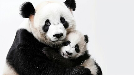 Fototapeta premium A panda mother embraces her cub, showcasing their bond and affection.