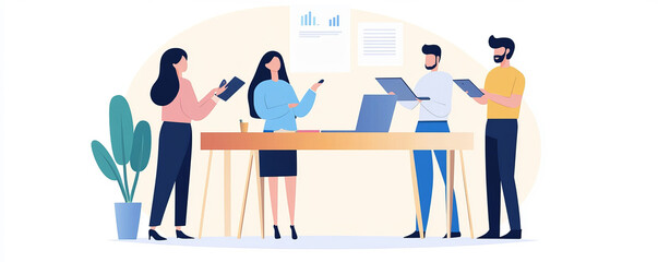 Coworkers collaborating on project ideas in office digital workspace teamwork concept