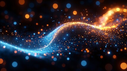 Abstract glowing particles wave, blue and orange.