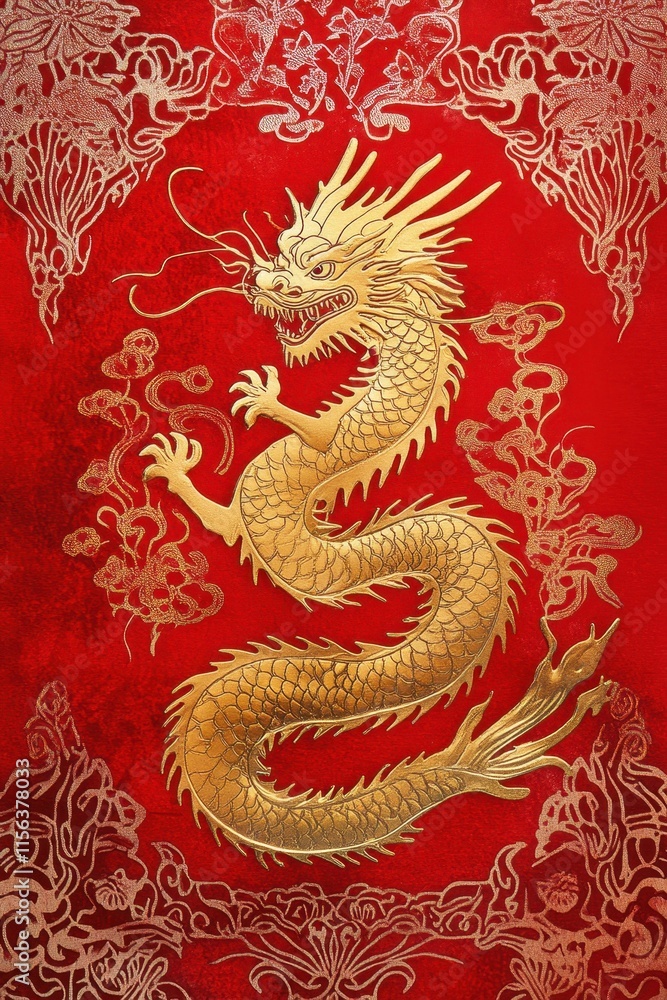 Poster a traditional-style greeting card featuring a golden dragon motif and intricate patterns on a red ba