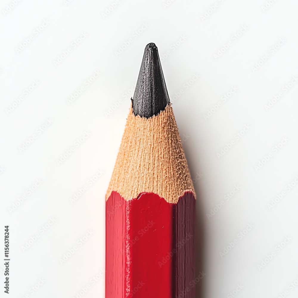 Poster close-up of a sharpened red pencil with a graphite tip on a white background.