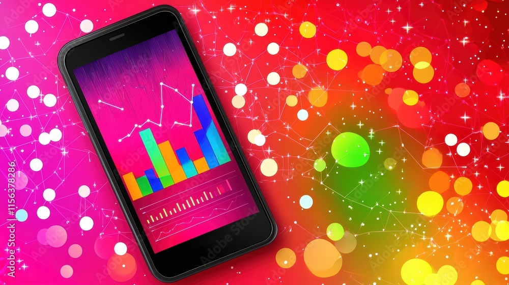 Poster colorful data visualization on smartphone display with abstract background