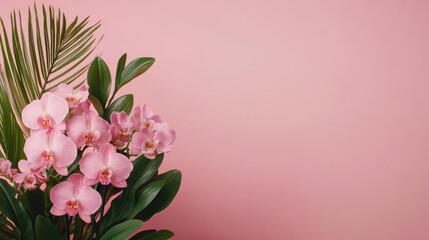 Obraz premium Pastel floral concept. A beautiful arrangement of pink orchids against a soft pink background.