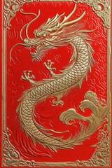 Obraz premium A vibrant red card with an embossed gold border and an intricate dragon design for an eye-catching festive feel