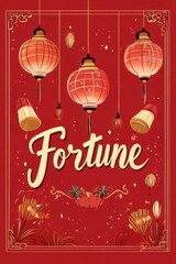 A vibrant red card with golden Chinese characters for "Fortune" and illustrations of lanterns and firecrackers