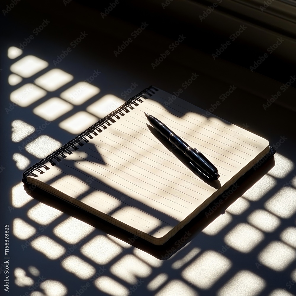Poster a pen is on top of a notebook. the notebook is open to a blank page. the pen is black and the notebo