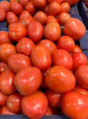  Fresh Roma tomatoes on display in a grocery store.