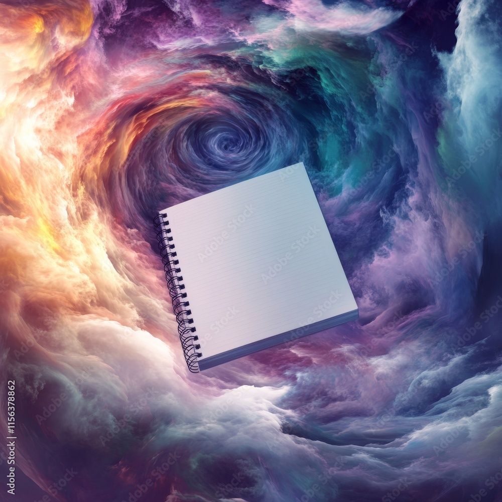 Poster a spiral notebook is floating in a colorful cloud. the notebook is white and has a spiral binding