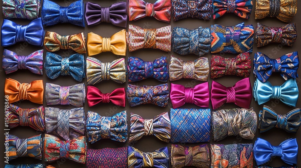 Poster a colorful display of silk bow ties and neckties, each arranged by pattern and color
