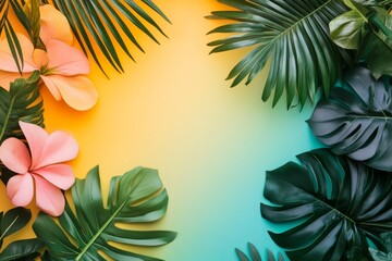 Colorful tropical leaves and flowers on a gradient background, perfect for summer-themed designs and creative projects.