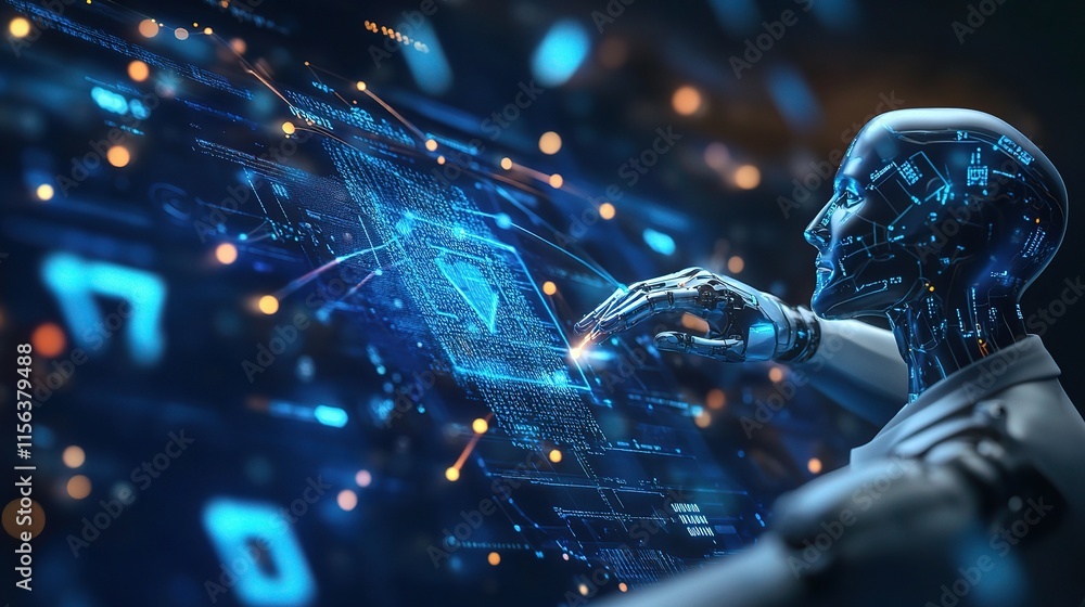 Poster futuristic ai concept with robot interacting with digital data