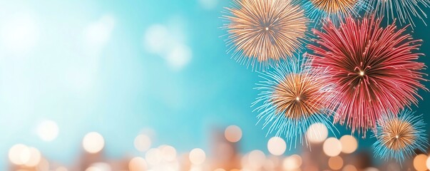 Colorful fireworks exploding in a night sky over a blurred cityscape, celebrating New Year's resolutions and festivity.
