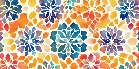 A colorful floral pattern with blue, orange, and yellow flowers. The flowers are scattered throughout the pattern