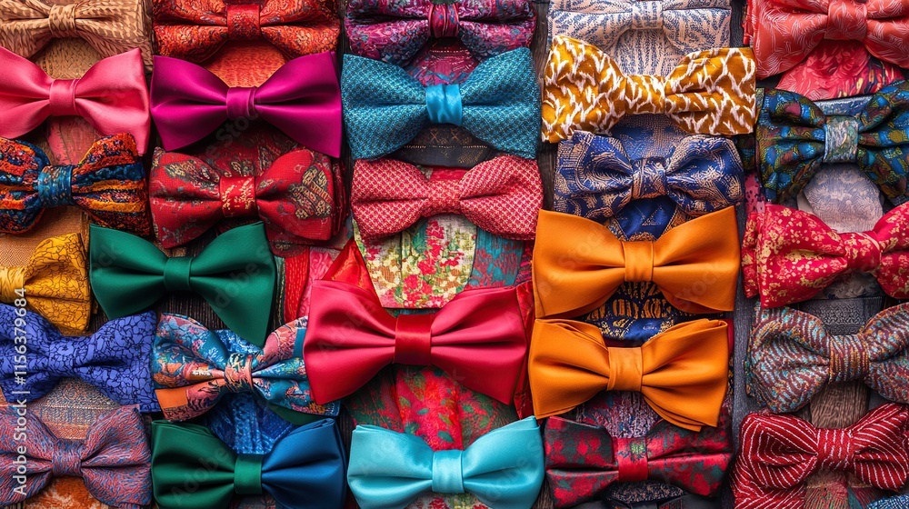 Poster a colorful display of silk bow ties and neckties, each arranged by pattern and color