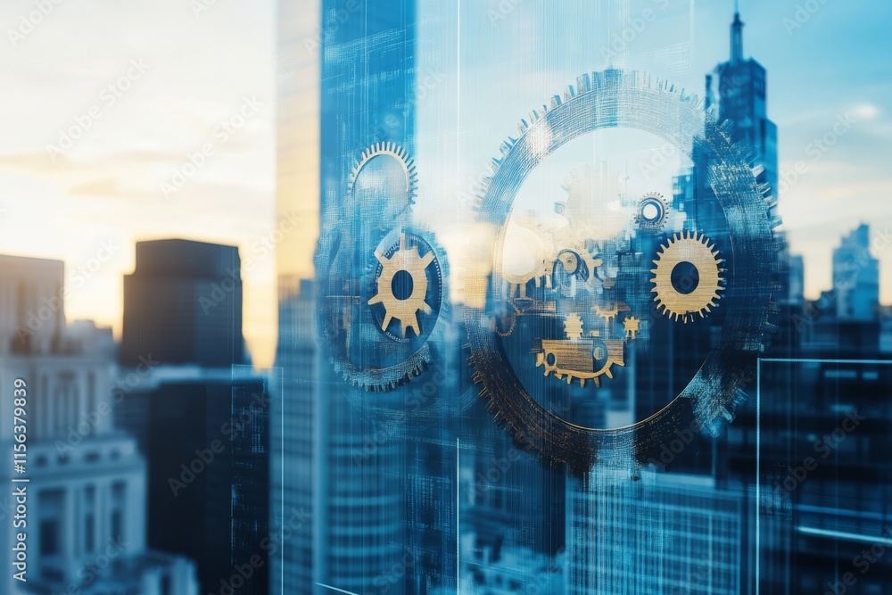 Poster a city skyline with a large building in the background. the building has a large window with a gear 