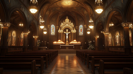Obraz premium church interior with focus on large stained glass windows that emit colorful light into the room, classic stone walls with natural texture, Ai generated images