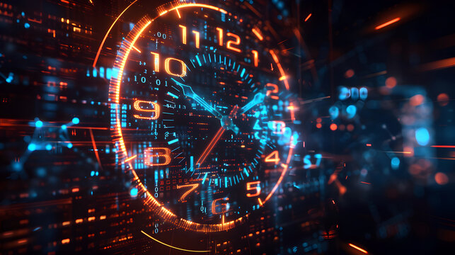 Futuristic neon interface with glowing clock design and vibrant data streams