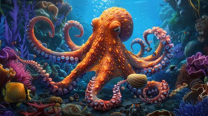 Fototapeta premium Giant Pacific octopus in vibrant coral reef.