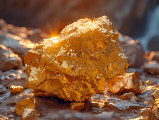 Fototapeta premium large golden nugget glowing under soft light on a rocky surface
