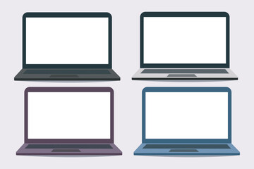 Illustration of four laptops in different colors with blank screens, showcasing a minimalist design ideal for technology themes and templates.
