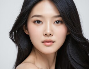 Obraz premium Portrait of a beautiful young Asian woman with fresh clean skin and long thick black hair