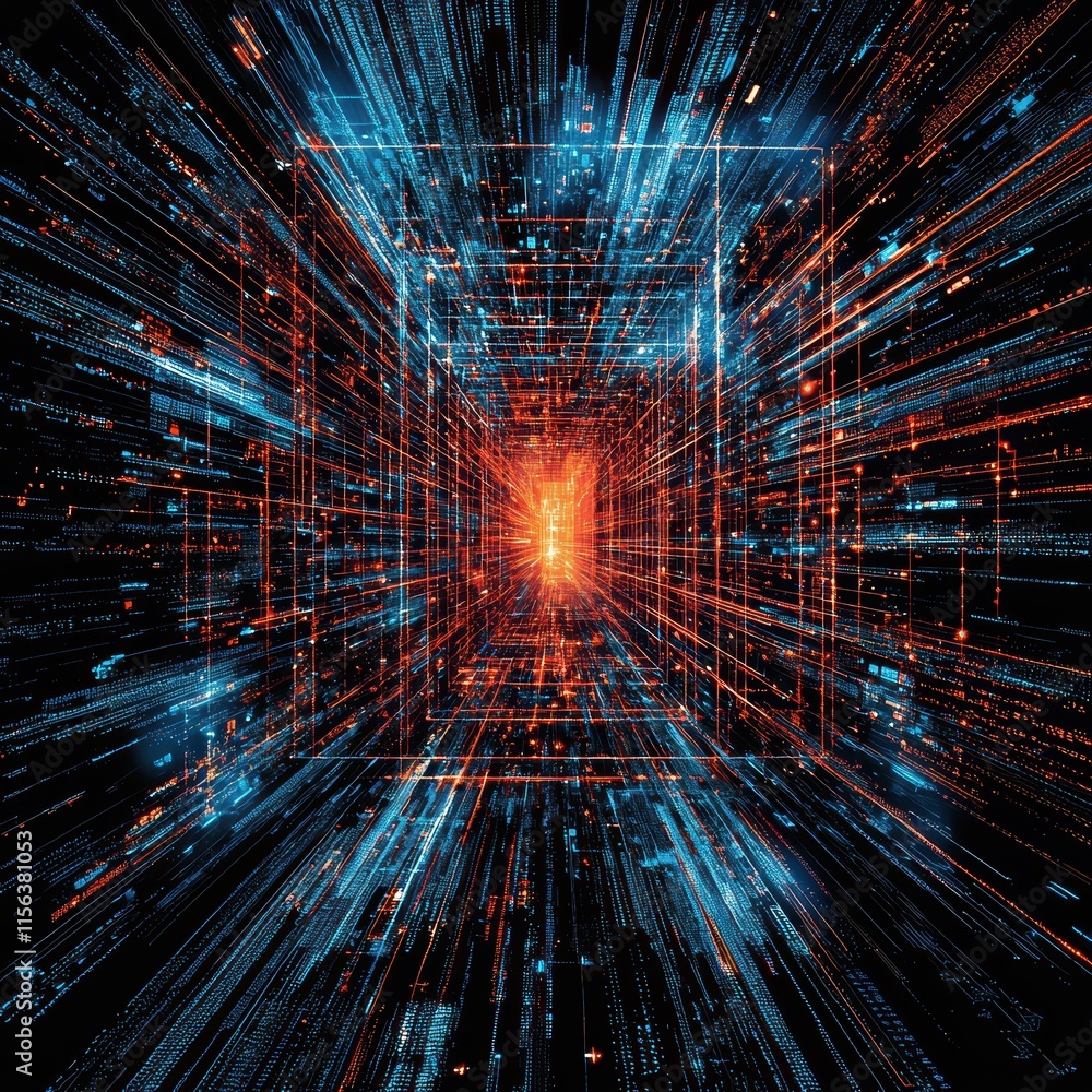 Poster futuristic data streams flowing through a virtual reality tunnel