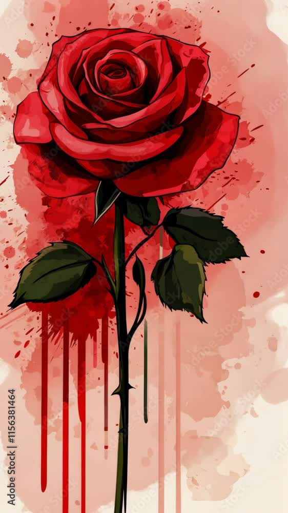 Poster red rose with artistic splashes of color and texture against a soft background