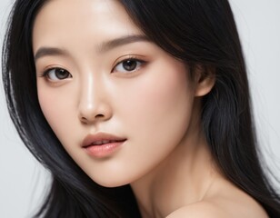 Obraz premium Portrait of a beautiful young Asian woman with fresh clean skin and long thick black hair