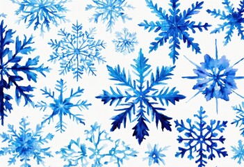 Watercolour white snowflakes against deep blues and blues to create a winter mood, a winter classic