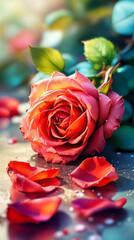 an intricate close-up shot of a vibrant red rose, with a few petals fallen and lying gracefully on the ground. 