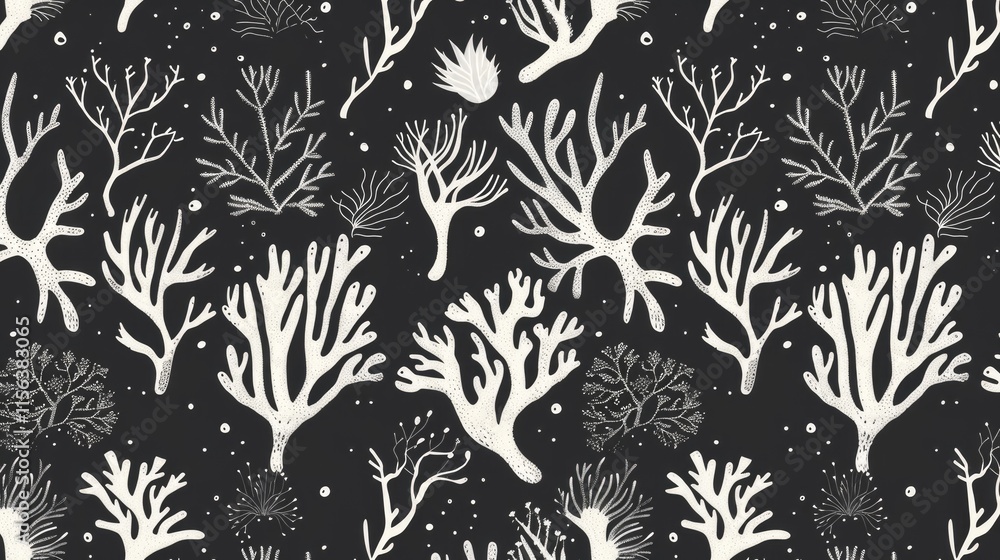 Poster a pattern featuring various coral shapes on a dark background.