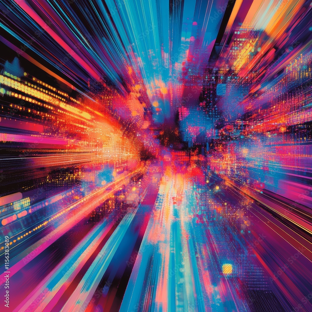 Poster dynamic abstract digital art with vibrant neon colors and light streaks, creating a futuristic and e