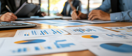 A group of diverse business professionals brainstorming in a modern office with charts and graphs on the table, emphasizing market segmentation strategies, focus on teamwork and data analysis.