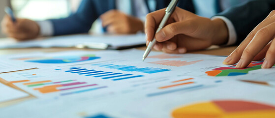 A group of diverse business professionals brainstorming in a modern office with charts and graphs on the table, emphasizing market segmentation strategies, focus on teamwork and data analysis.