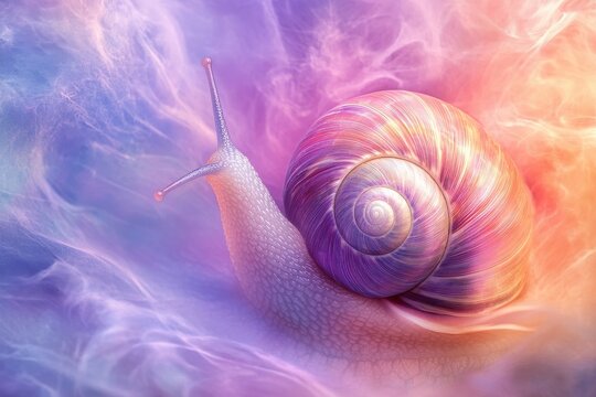 A vibrant snail with a iridescent shell glides through a pastel dreamscape. Perfect for themes of slow living, mindfulness, or whimsical fantasy.