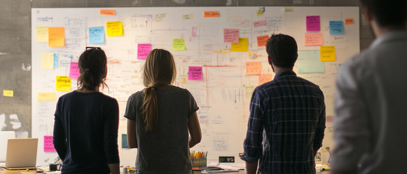 A team of young marketers discussing customer demographics in a creative workspace, highlighted by a whiteboard full of segmentation diagrams and notes.
