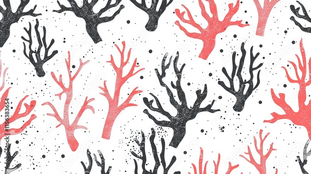 Poster a repeating pattern of coral shapes in black and red on a white background.