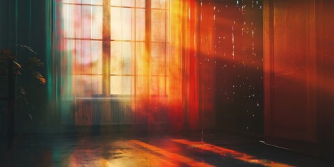 Naklejka premium Warm sunlight filters through a window, casting vibrant, colorful patterns on the floor of a cozy room.