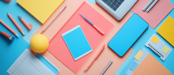 Flat-lay composition of marketing tools, including reports, sticky notes, and mobile devices, representing the process of analyzing and applying market segmentation.