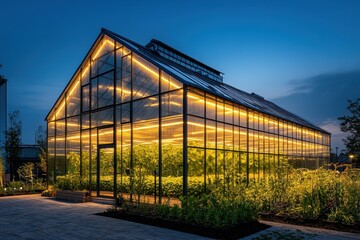 Obraz premium Modern greenhouse glowing at night, filled with lush greenery. Illustrates sustainable farming, urban agriculture, or technological advancements in horticulture.